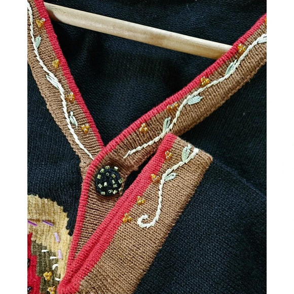 Vtg Black Embroidered Beaded Rooster Chicken Cardigan Large Grannycore Colorful - Picture 8 of 8